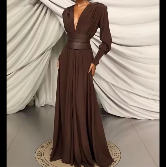 Dresses & Skirts - Fashion Dresses For Women Plunging V Neck High Waist Belt Long Sleeves